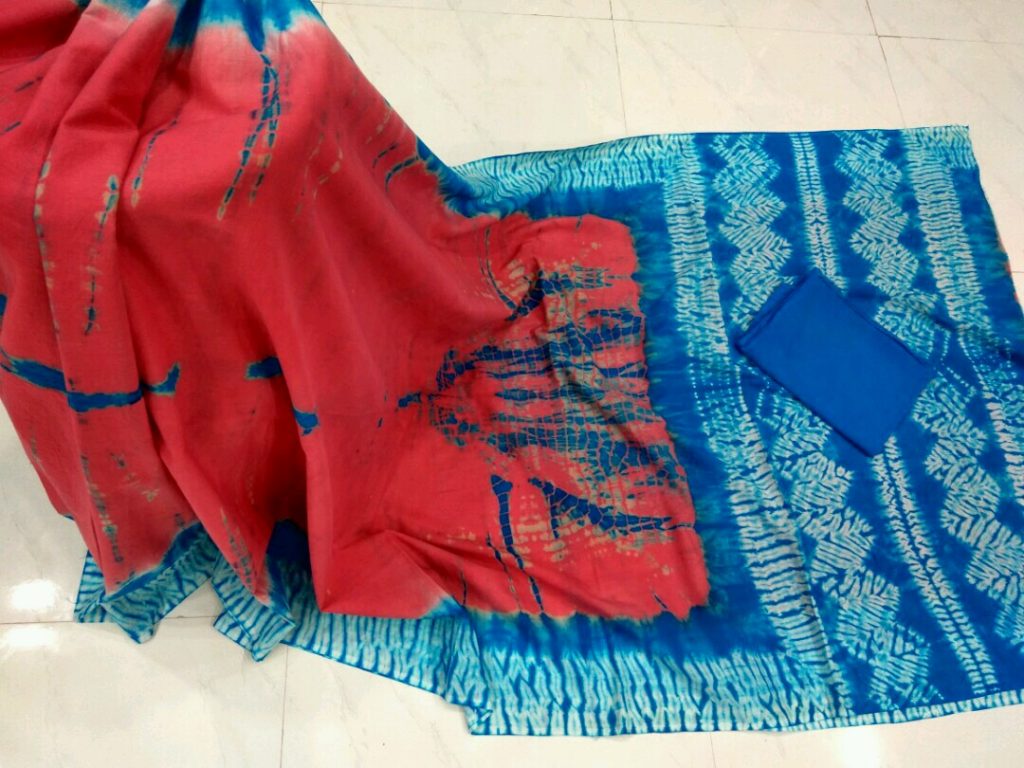 Red shibori print cotton mulmul saree