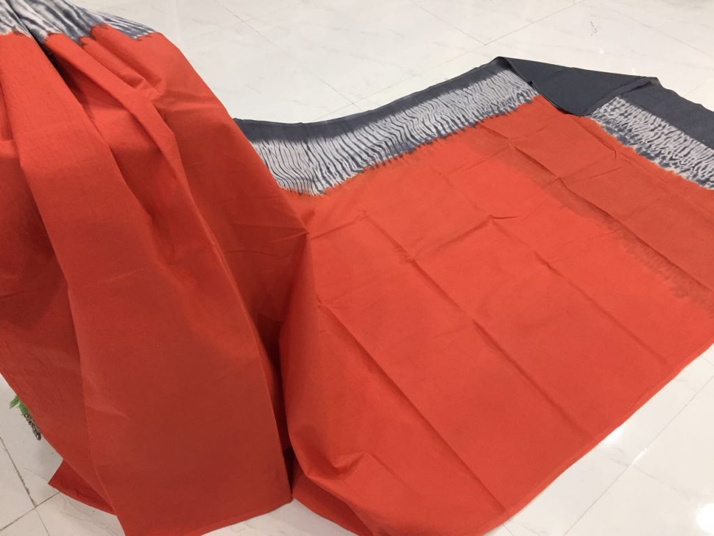 Orange shibori print cotton mulmul cotton saree