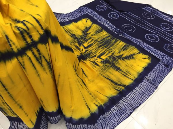 Shibori print cotton mulmul saree (Black, Blue, Green, Indigo, Pink, Red, Teal, White, Yellow)