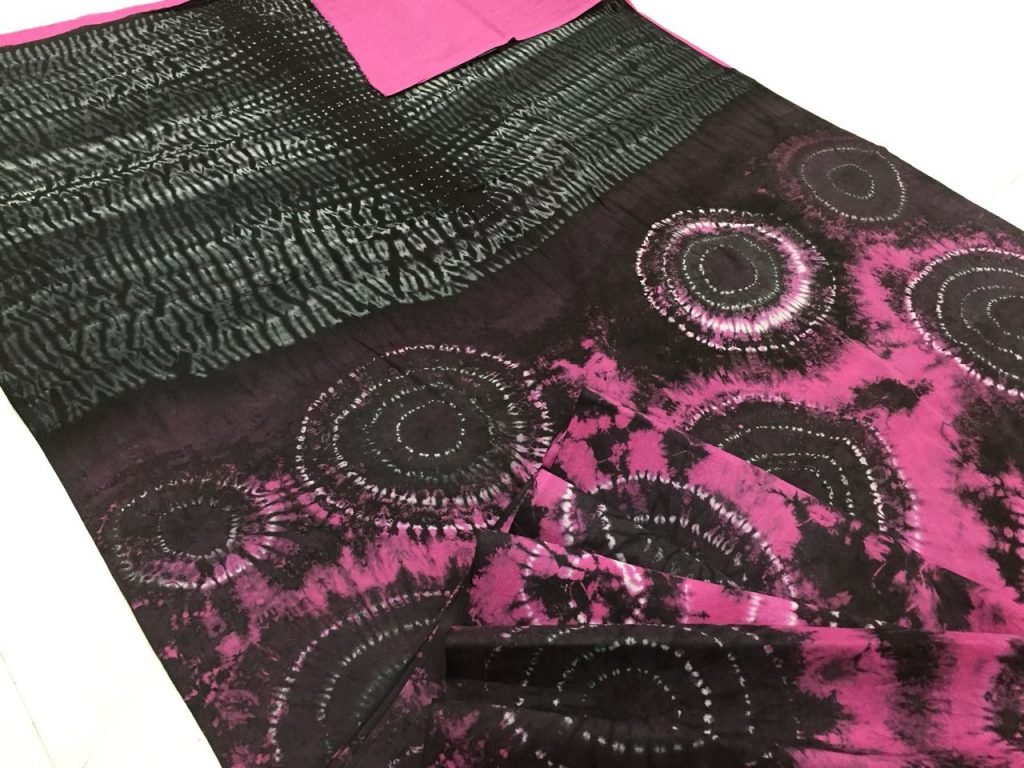 Pink black shibori print cotton mulmul cotton saree