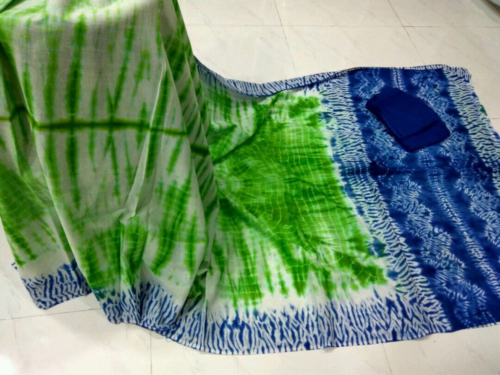 Green shibori print cotton mulmul saree