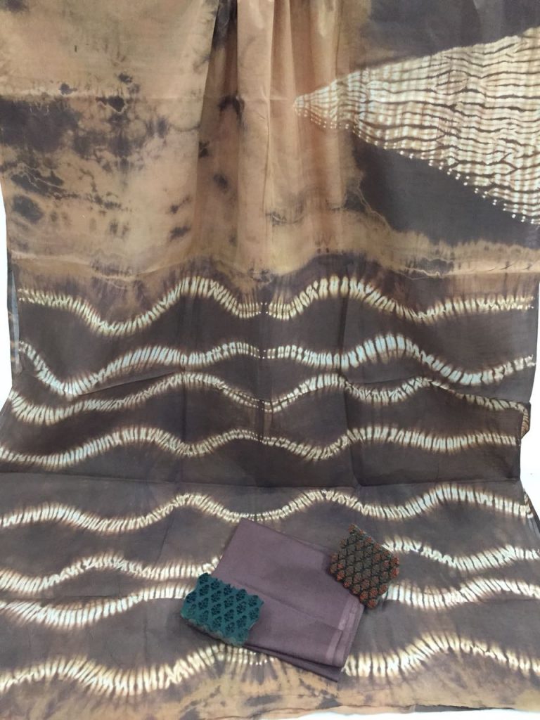 Tan shibori print cotton mulmul cotton saree