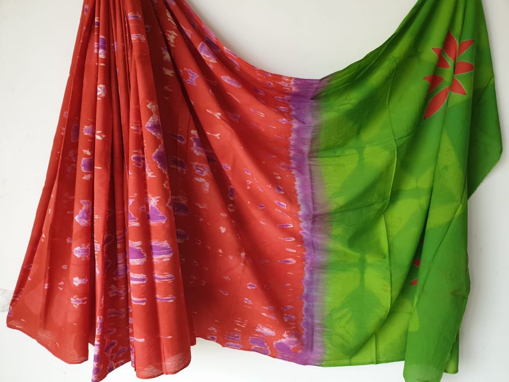 Half half red green shibori print cotton mulmul cotton saree