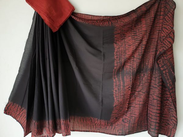 Black red shibori print cotton mulmul cotton saree