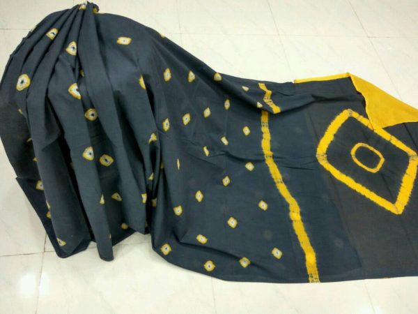 Shibori print mulmul cotton saree with blouse (black, blue, red, pink, green, gold)
