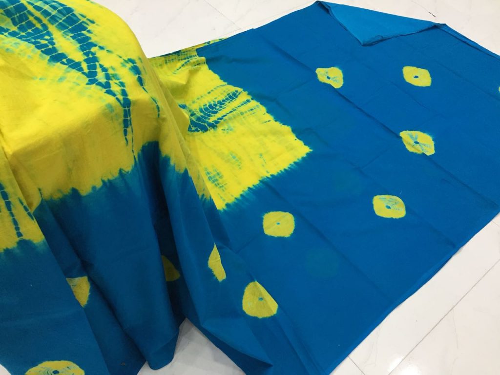 Yellow shibori print cotton mulmul saree