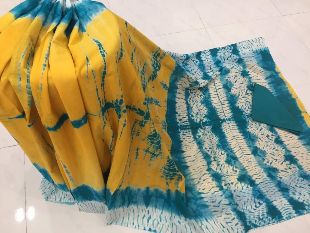 Yellow shibori print cotton mulmul saree with blouse