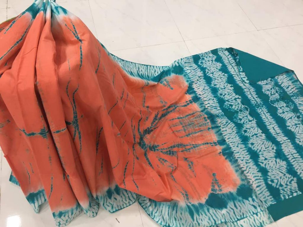 Orange teal shibori print cotton mulmul saree with blouse