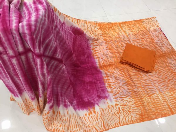Shibori print mulmul cotton saree with blouse (Pink, Orange, Red)