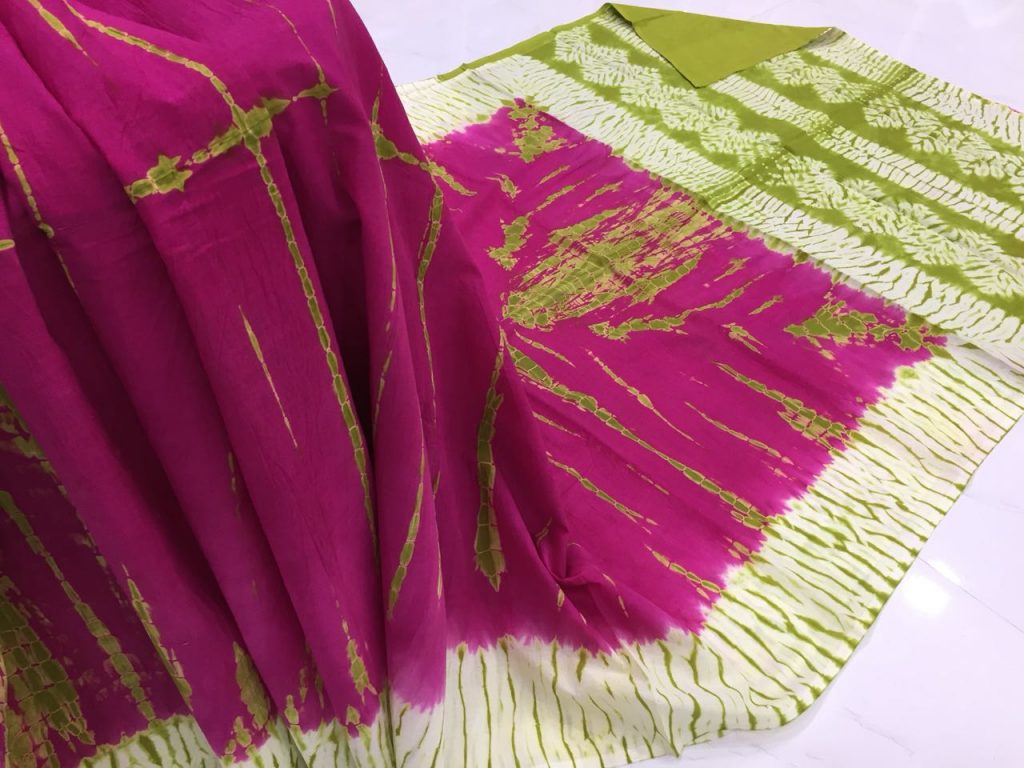 Red-violet shibori print cotton mulmul saree