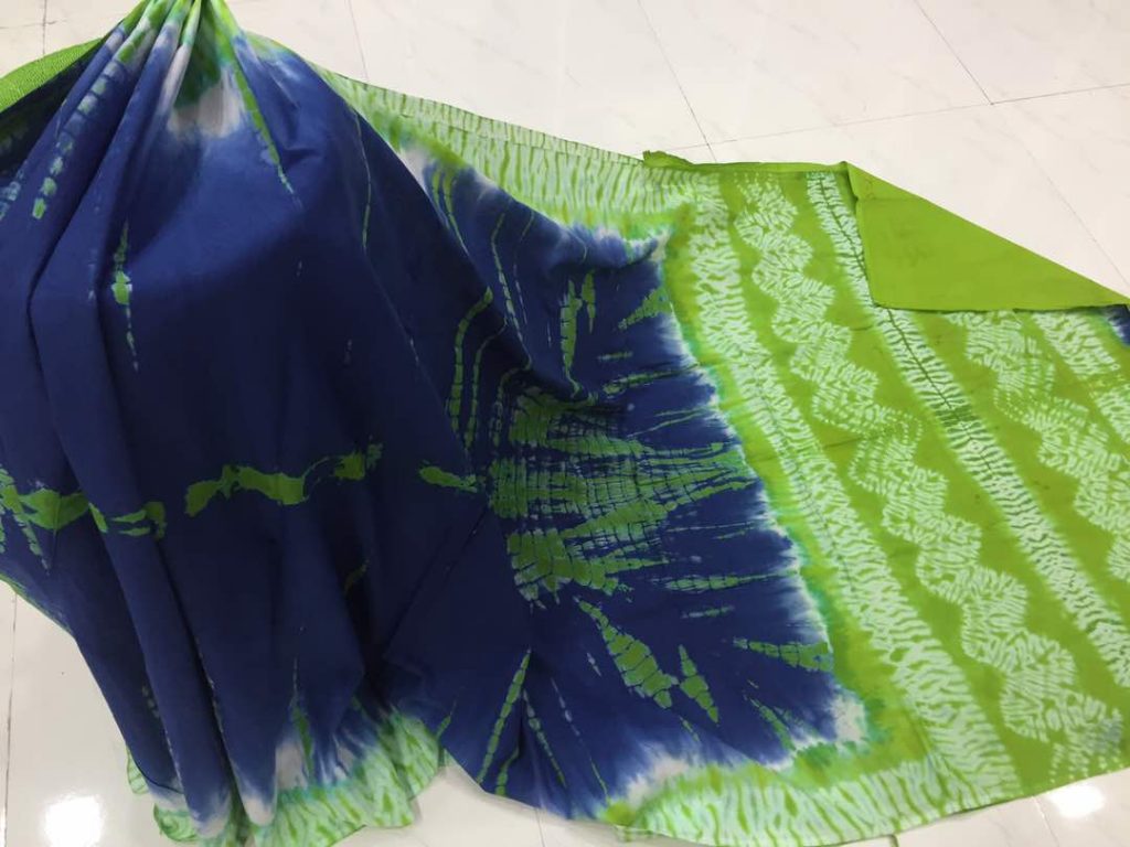 Shibori print mulmul cotton saree (navy blue, red, black, blue)