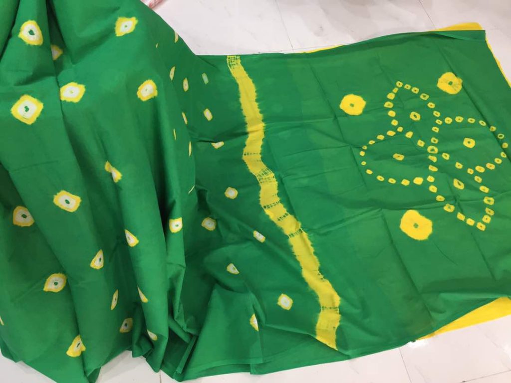Green shibori print mulmul cotton sarees with blouse