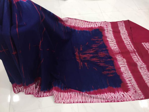 Navy blue shibori print mulmul cotton sarees with blouse