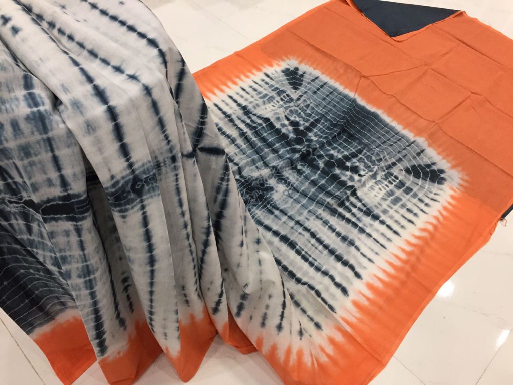 Orange shibori print cotton mulmul saree