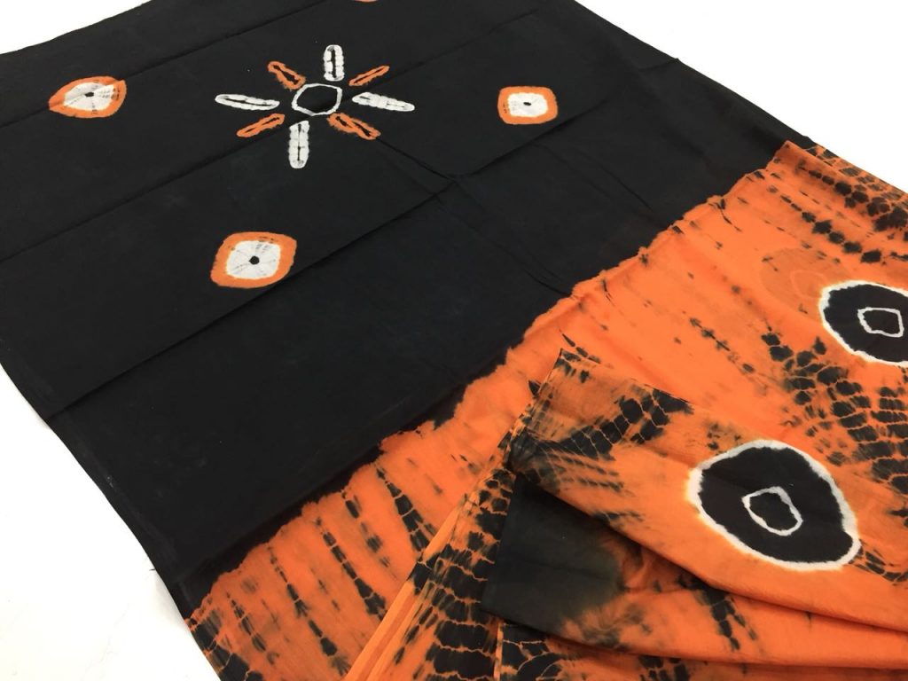 Orange black shibori print cotton mulmul saree