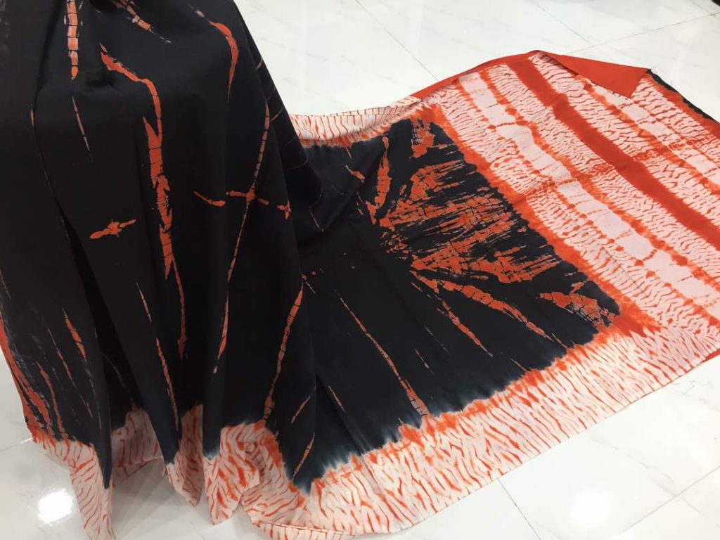 Black shibori print mulmul cotton sarees with blouse