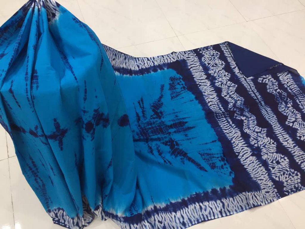 Shibori print cotton mulmul saree with blouse (jungle green, navy blue, blue)
