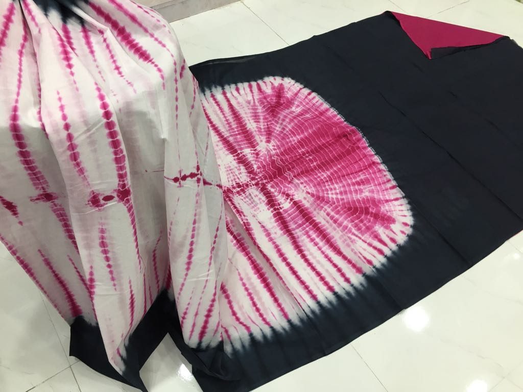 Shibori print cotton mulmul saree (green, blue, black, brown, red, white, yellow)