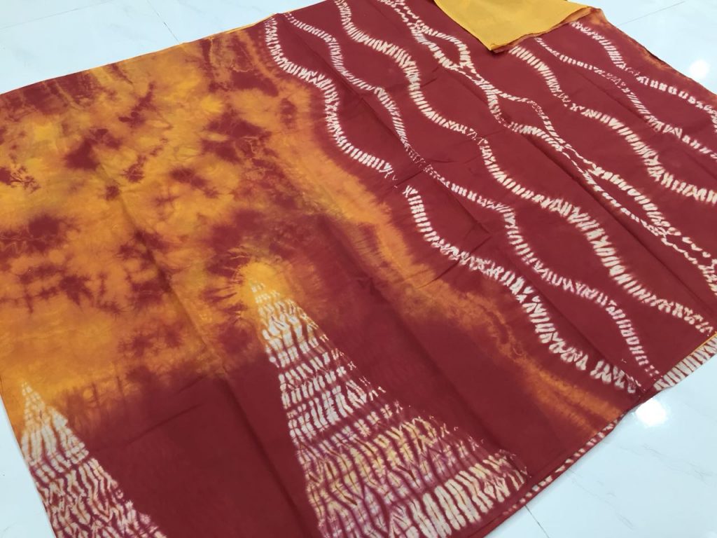 Maroon shibori waves print cotton mulmul saree