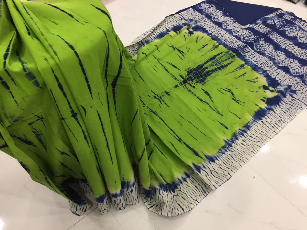 Shibori print mulmul cotton sarees (Black, Blue, Lemon, Orange, Red, Taupe, Green)