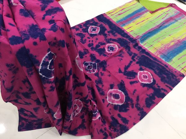 Red-violet shibori print cotton mulmul cotton saree