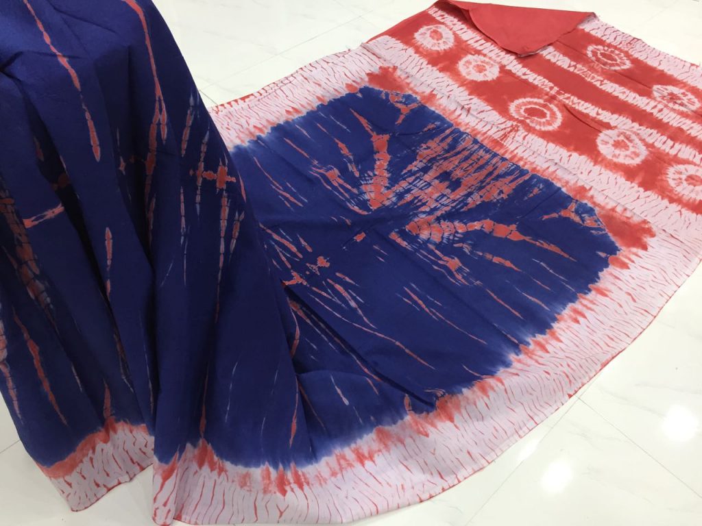 Shibori print cotton mulmul saree (Black, Blue, Green, Indigo, Pink, Red, Teal, White, Yellow)