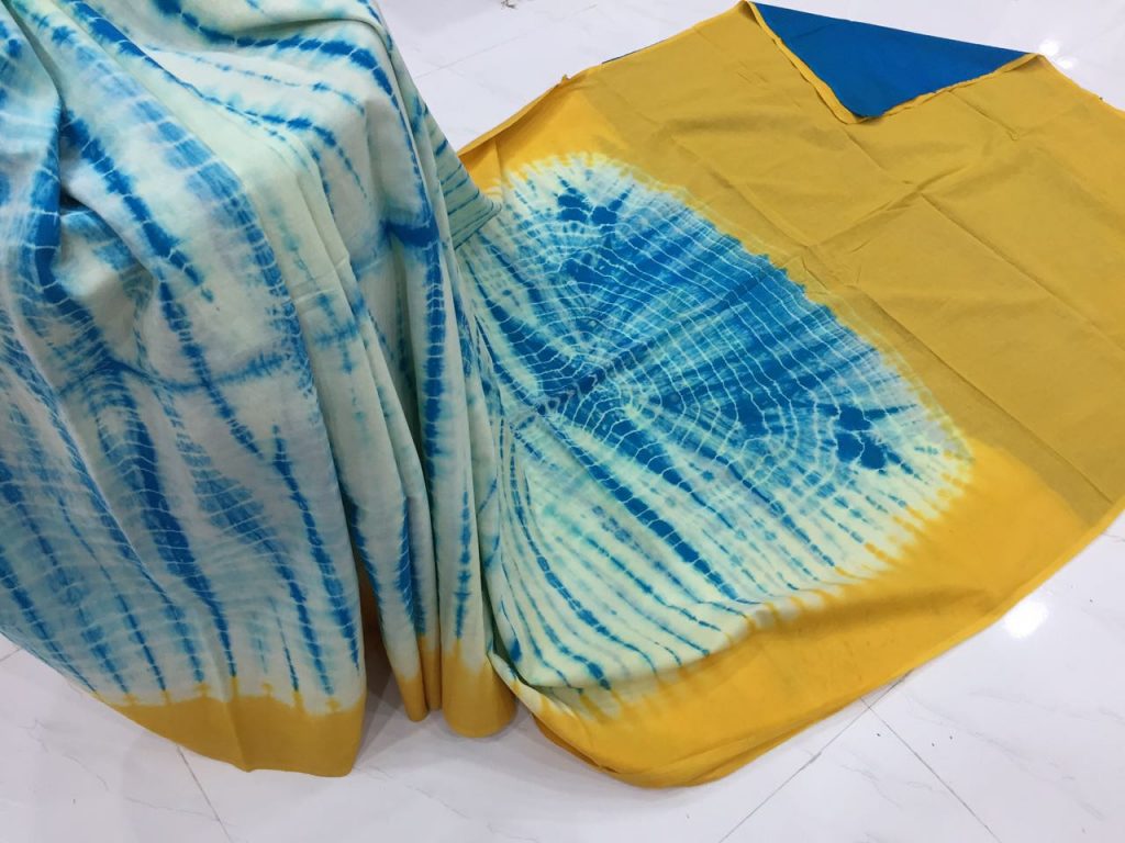 Shibori print cotton mulmul saree (green, navy blue, black, lemon, red, white, orange)