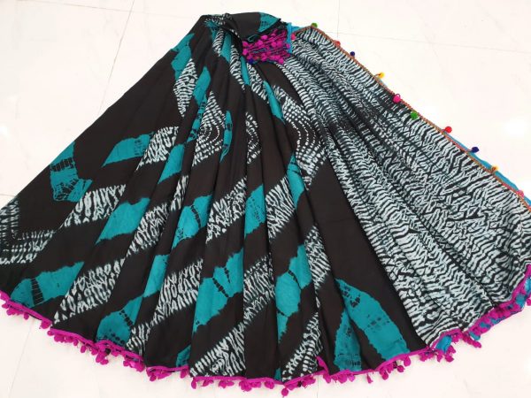 Black shibori print cotton mulmul pompom saree