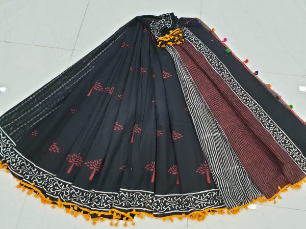 Black bagru tree print cotton pompom saree