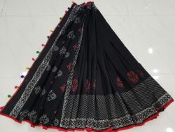 Black bagru print cotton pompom sarees