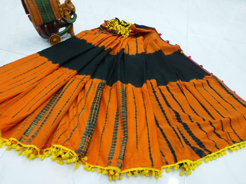 Yellow orange shibori print cotton pompom saree