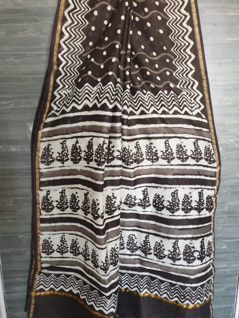 Printed chanderi silk saree in brown white color with blouse