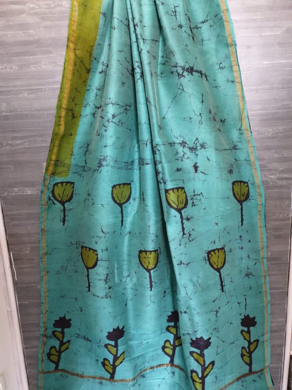 Batik Chanderi silk sky blue saree with green flower print