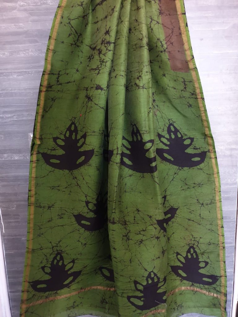 Batik print chanderi silk green saree with blouse