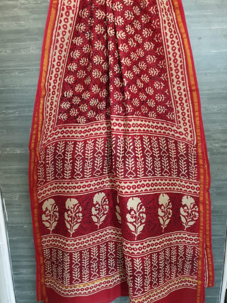 Red chanderi saree in white booty print