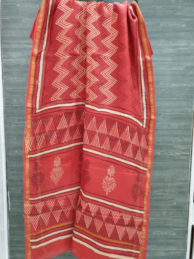 Red chanderi silk saree with blouse