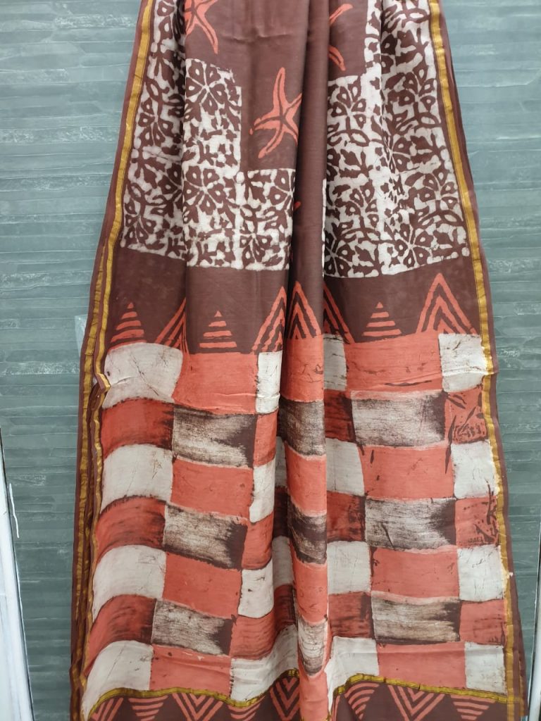 Batik maroon chanderi saree with blouse