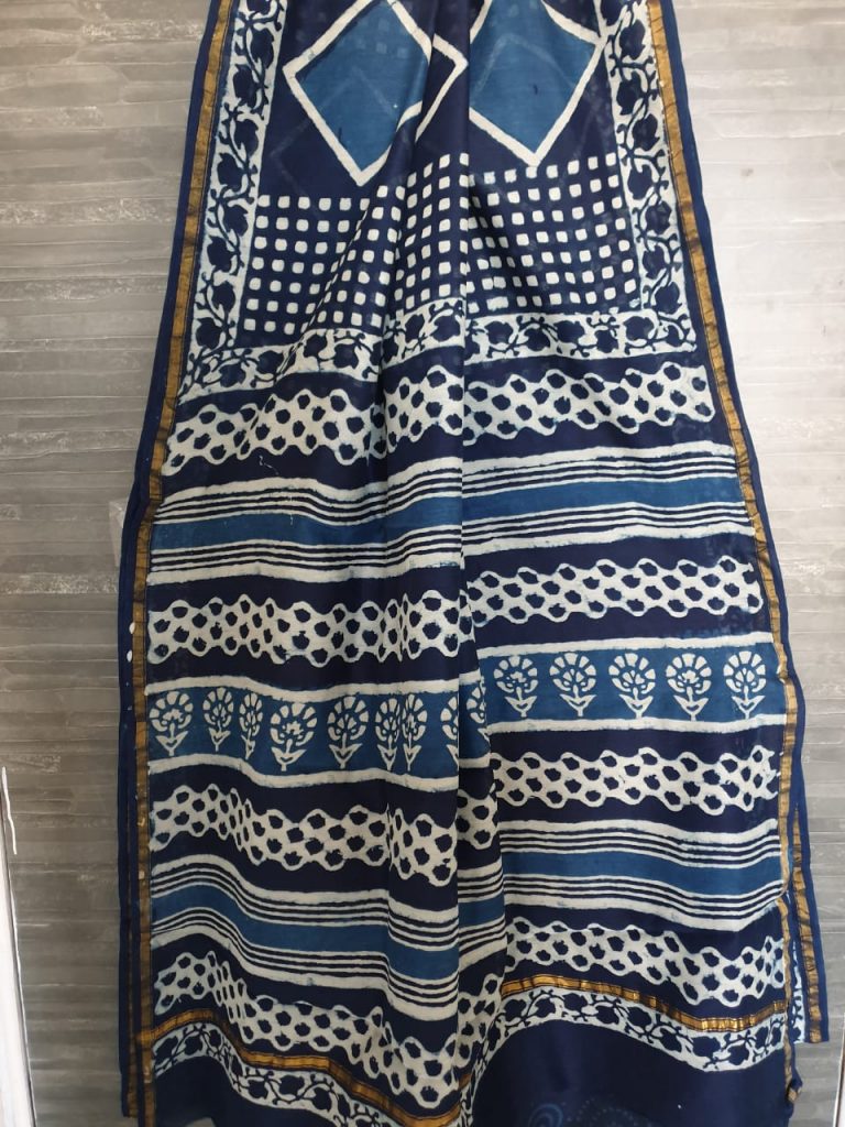Square print chanderi silk saree in indigo blue color