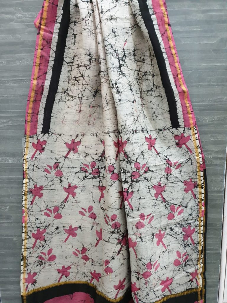 Batik grey chanderi silk saree with pink color