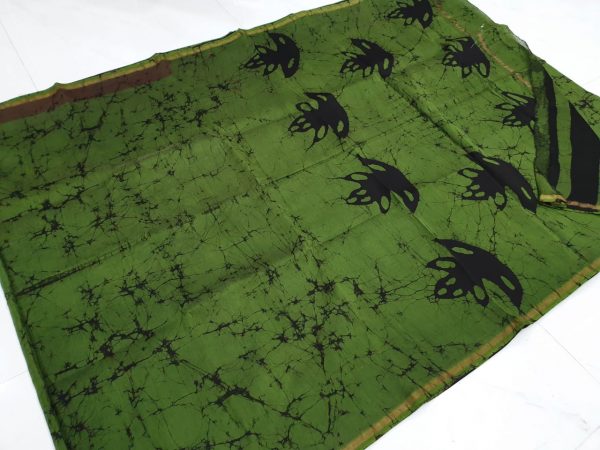 Batik print chanderi silk green saree with blouse