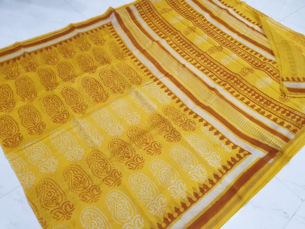 Mughal print chanderi silk saree yellow with blouse