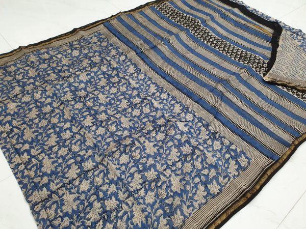 Rapid print Chanderi silk blue saree with blouse