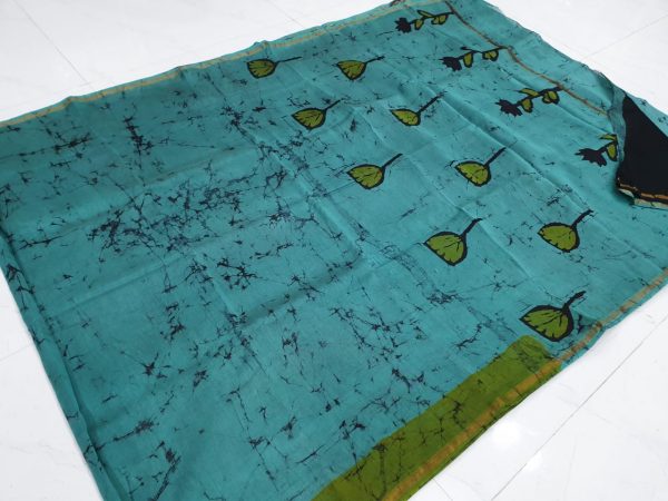 Batik Chanderi silk sky blue saree with green flower print