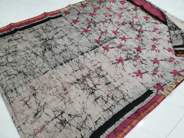 Batik grey chanderi silk saree with pink color