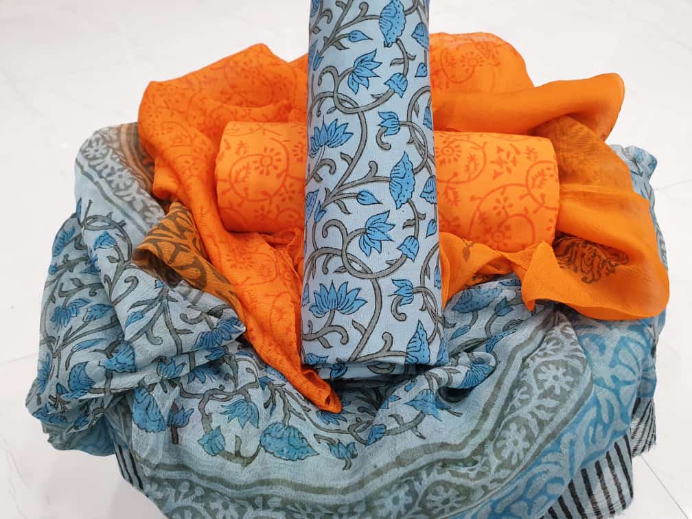 Pigment print cotton suit in orange and steel blue color