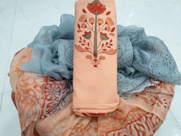 Orange grey cotton suit mughal print with chiffon dupatta