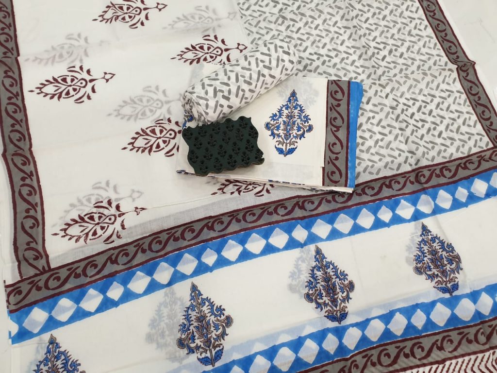 White mughal print printed cotton suits