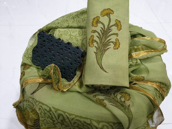 Olive mughal print zari border cotton suit