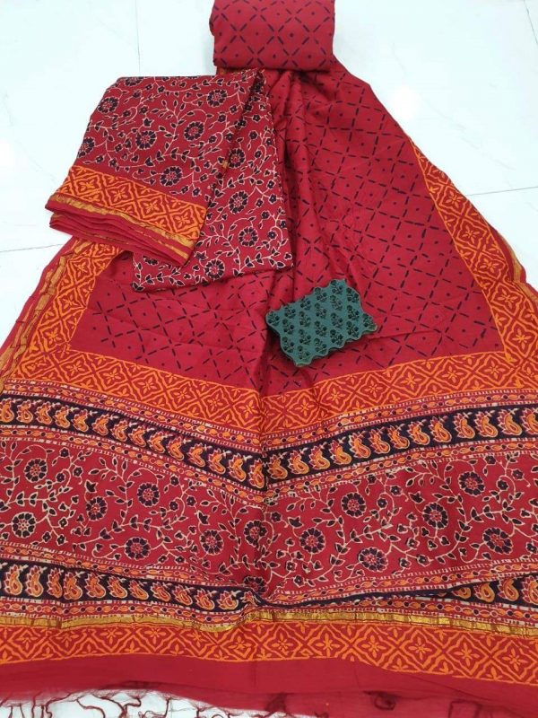 Red chanderi silk suit with cotton bottom
