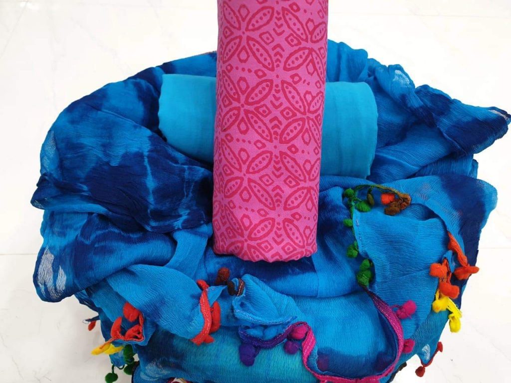 Blue pink Cotton pompom suit set